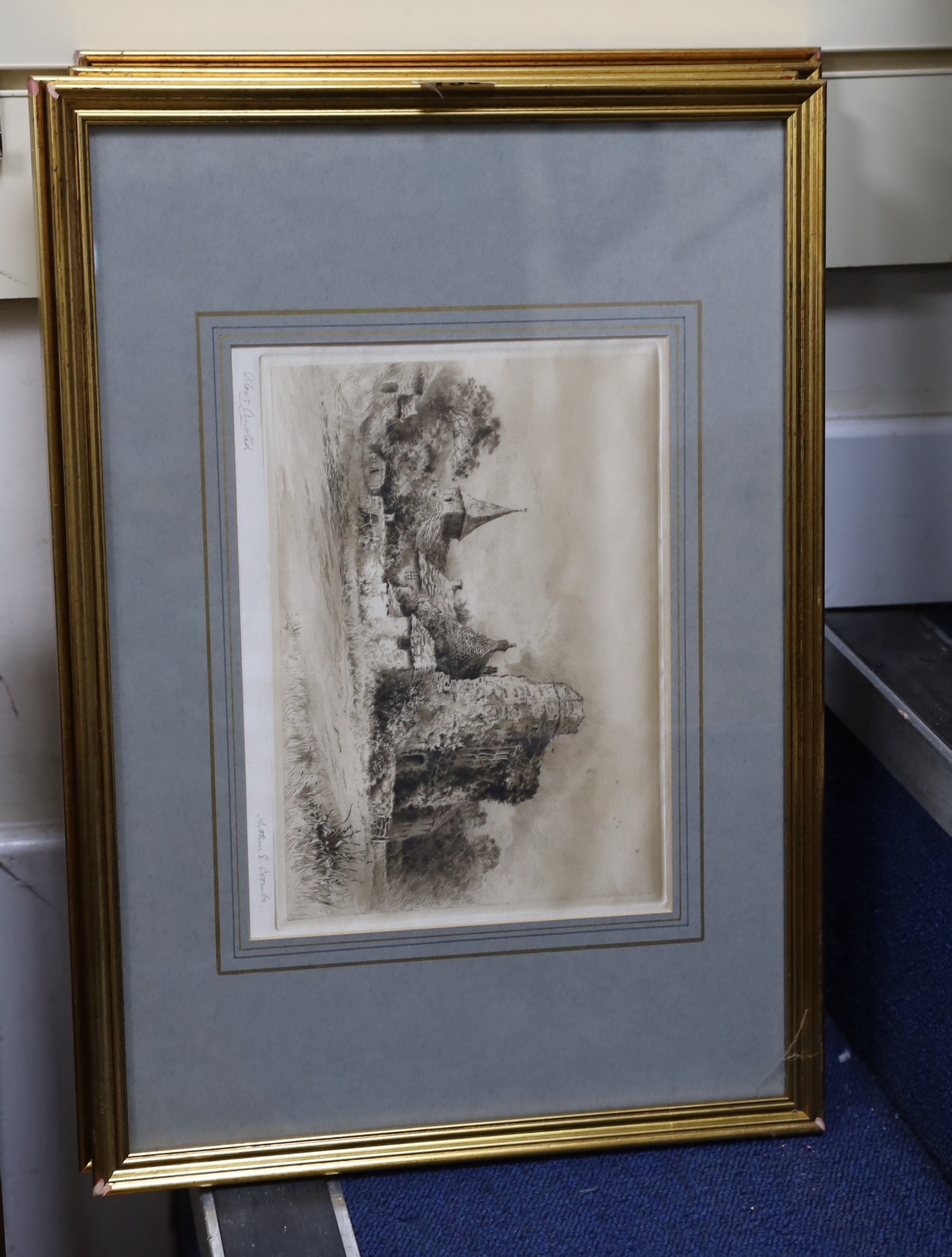 Arthur E. Coombe and Alexander Ansted, four etchings printed on silk, 'Chichester Market Cross', 'Cowdray House', 'Hurstmonceux Castle' and 'Wilmington Priory', largest 19 x 26cm